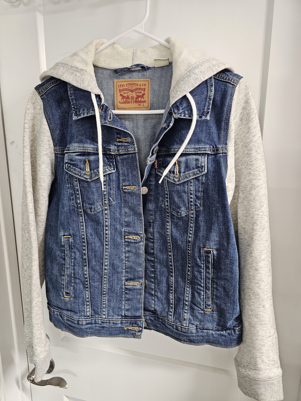 Levi's Blue Denim Jacket with Light Gray Hoodie Sleeves
